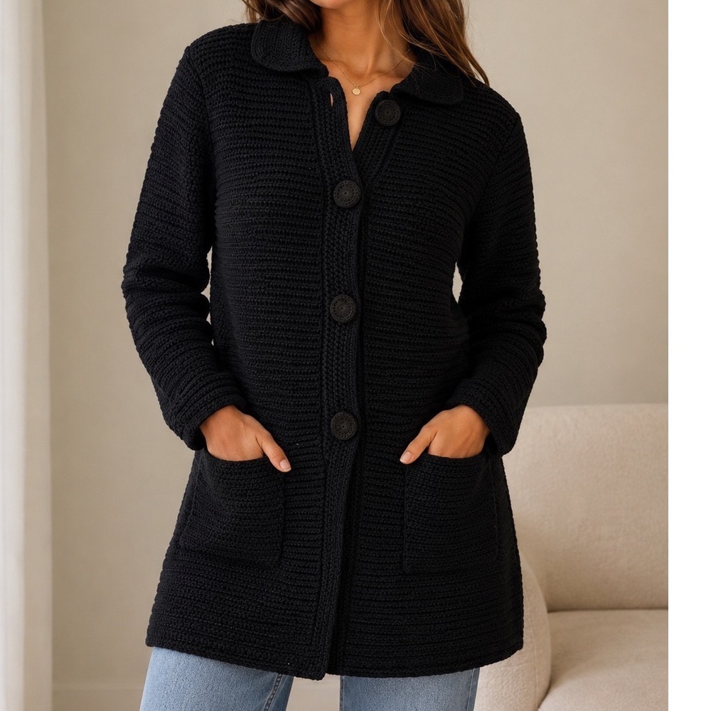 Chico's Black Cotton Crochet Knit Longline Button Front Cardigan Sweater Sz 1 gf